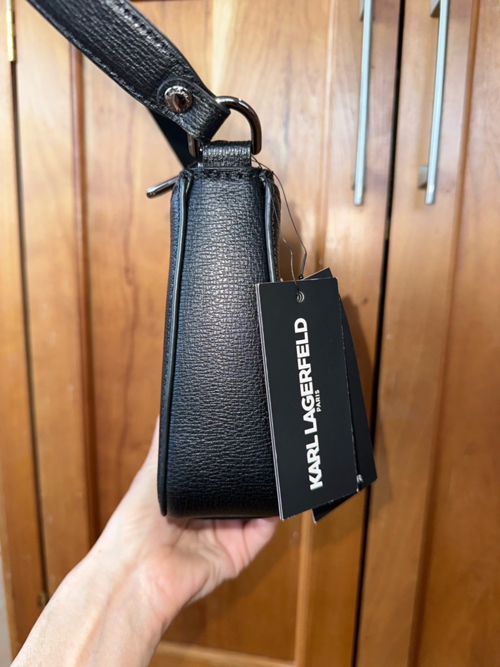 ✨ Karl Lagerfeld Paris Logo Mini Shoulder Bag – NWT Black Leather Baguette - Picture 5 of 12